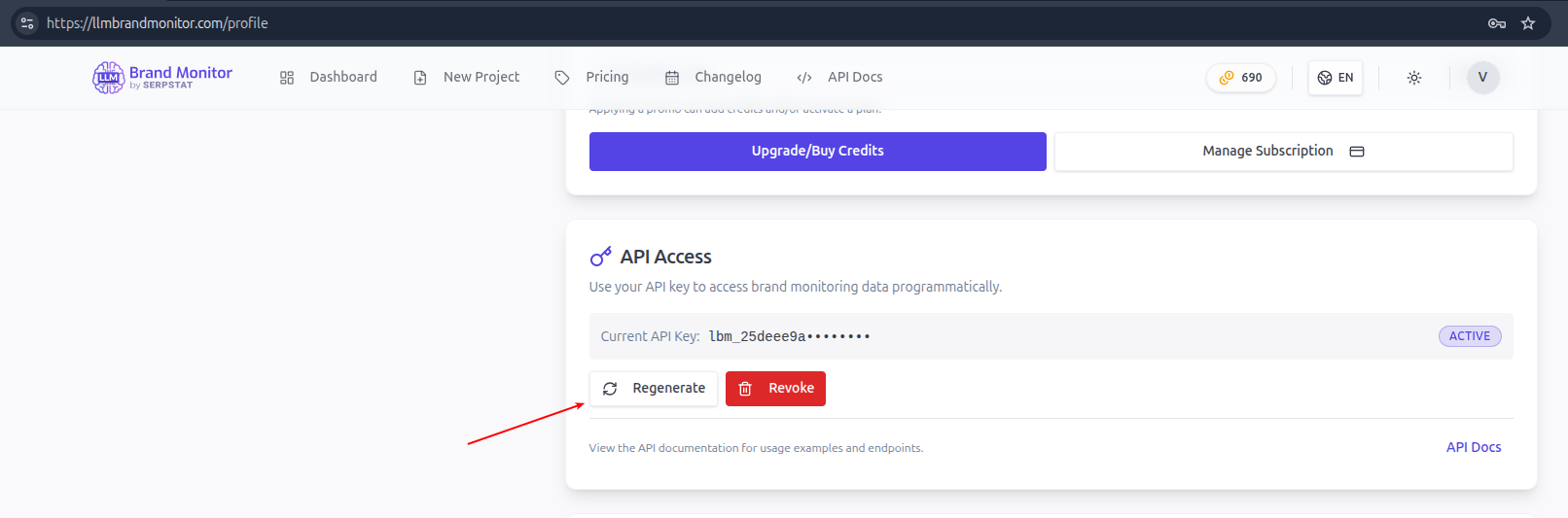 The profile page at llmbrandmonitor.com/profile with the API key field highlighted. Show the “Copy” button next to a key like lbm_••••••••••••. Also show the credits balance on the same page so users know where to top up.