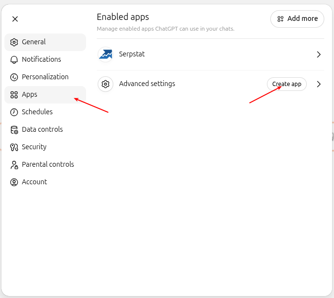 ChatGPT Settings → Apps with the Create app button highlighted