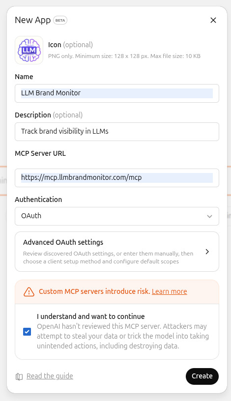 ChatGPT New App dialog filled in for LLM Brand Monitor