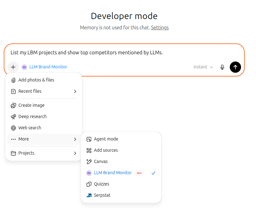 Enabling LLM Brand Monitor in the ChatGPT composer via + → More