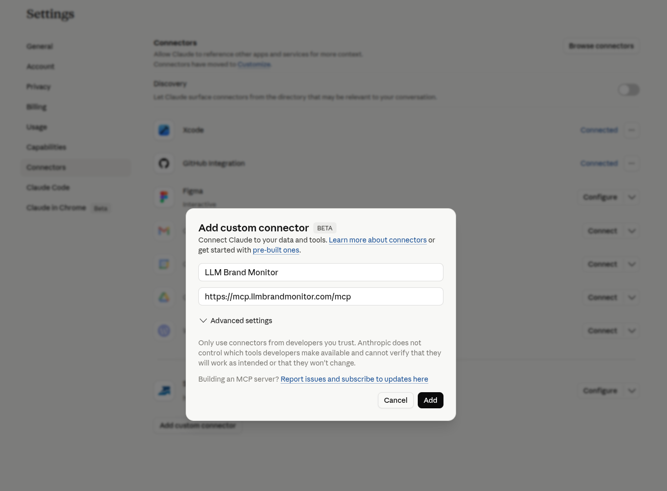 Claude Web Add custom connector modal filled in for LLM Brand Monitor