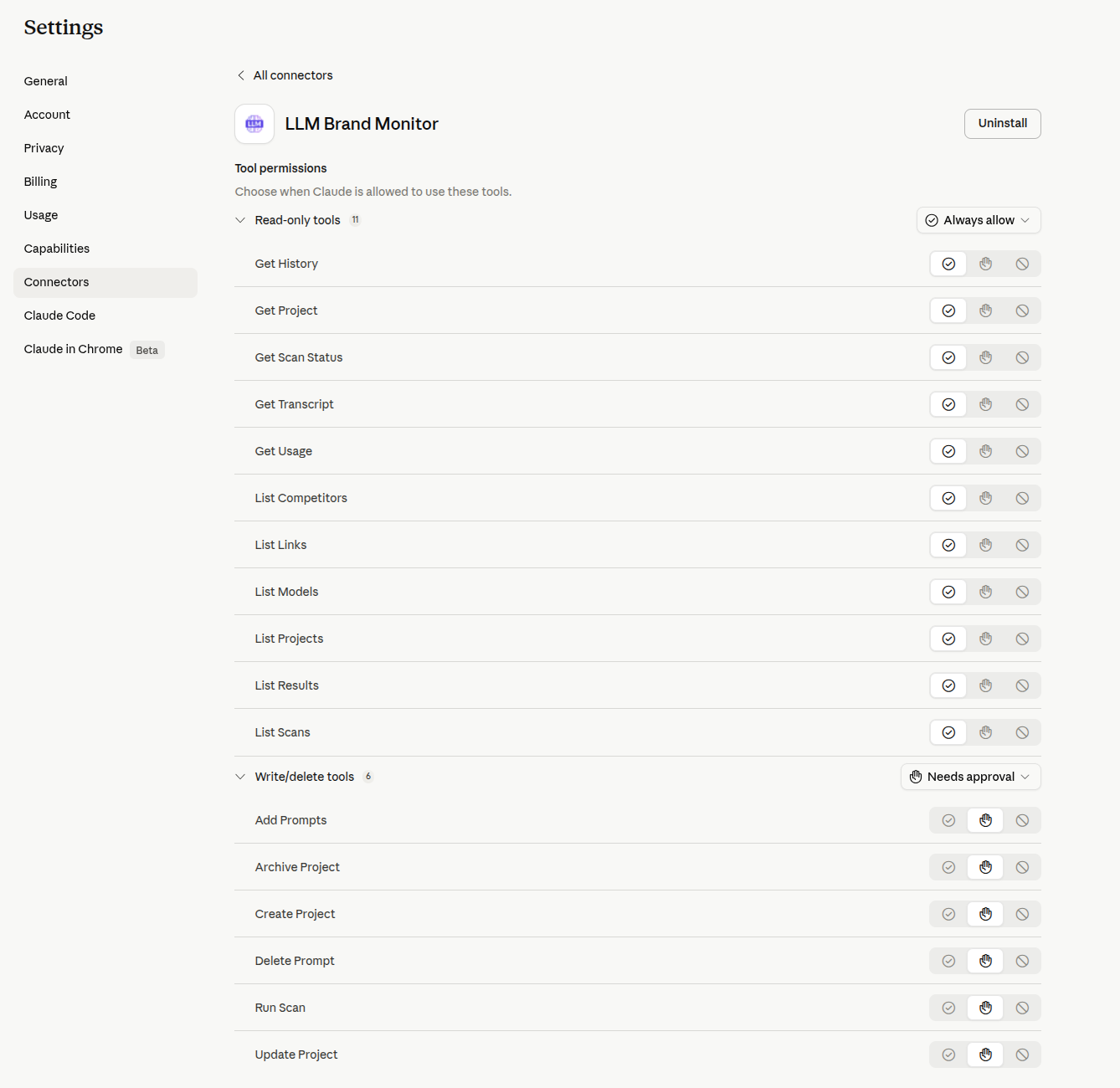 Claude Web Tool permissions panel for LLM Brand Monitor — read-only tools set to Always allow, write/delete tools set to Needs approval
