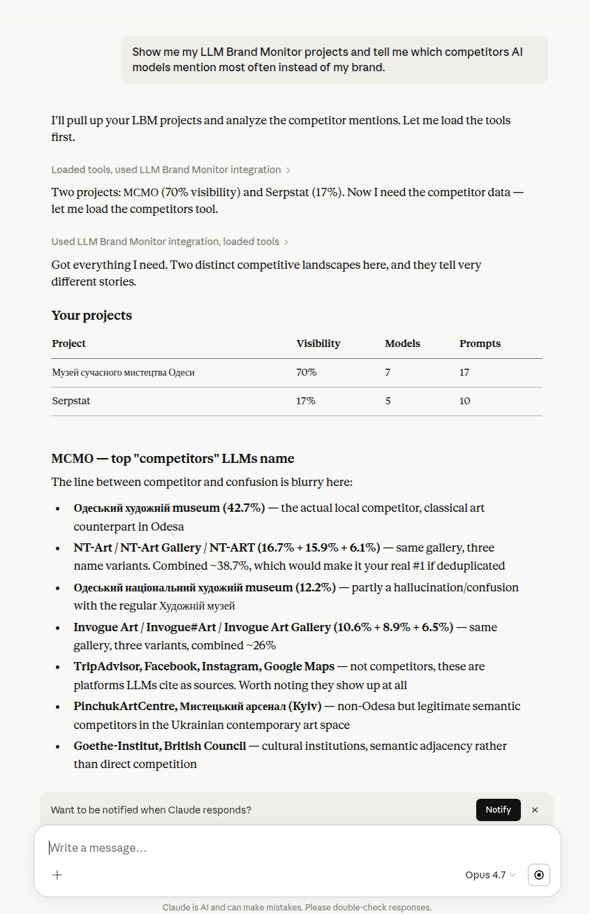 Claude Web example response using LLM Brand Monitor: project list with visibility, models, and prompt counts plus top competitors