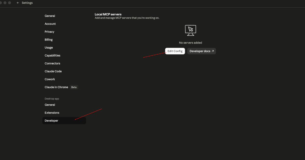 Claude Desktop Settings → Developer → Local MCP servers with the Edit Config button highlighted
