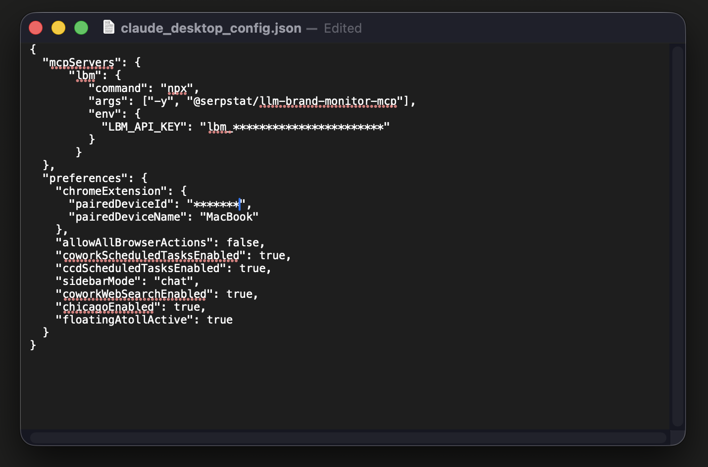 claude_desktop_config.json open in TextEdit with the lbm block filled in