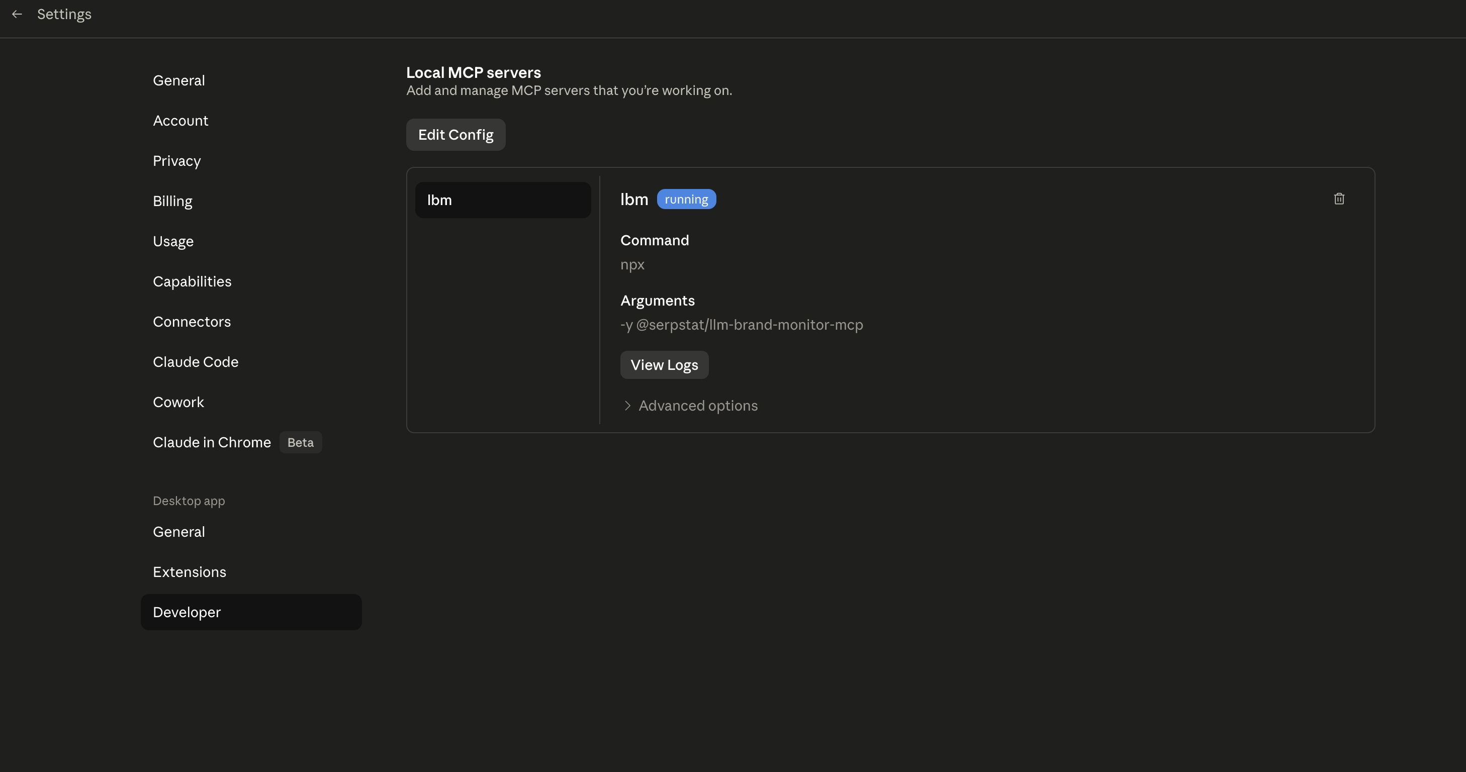 Claude Desktop Local MCP servers panel showing the lbm entry with a running status badge
