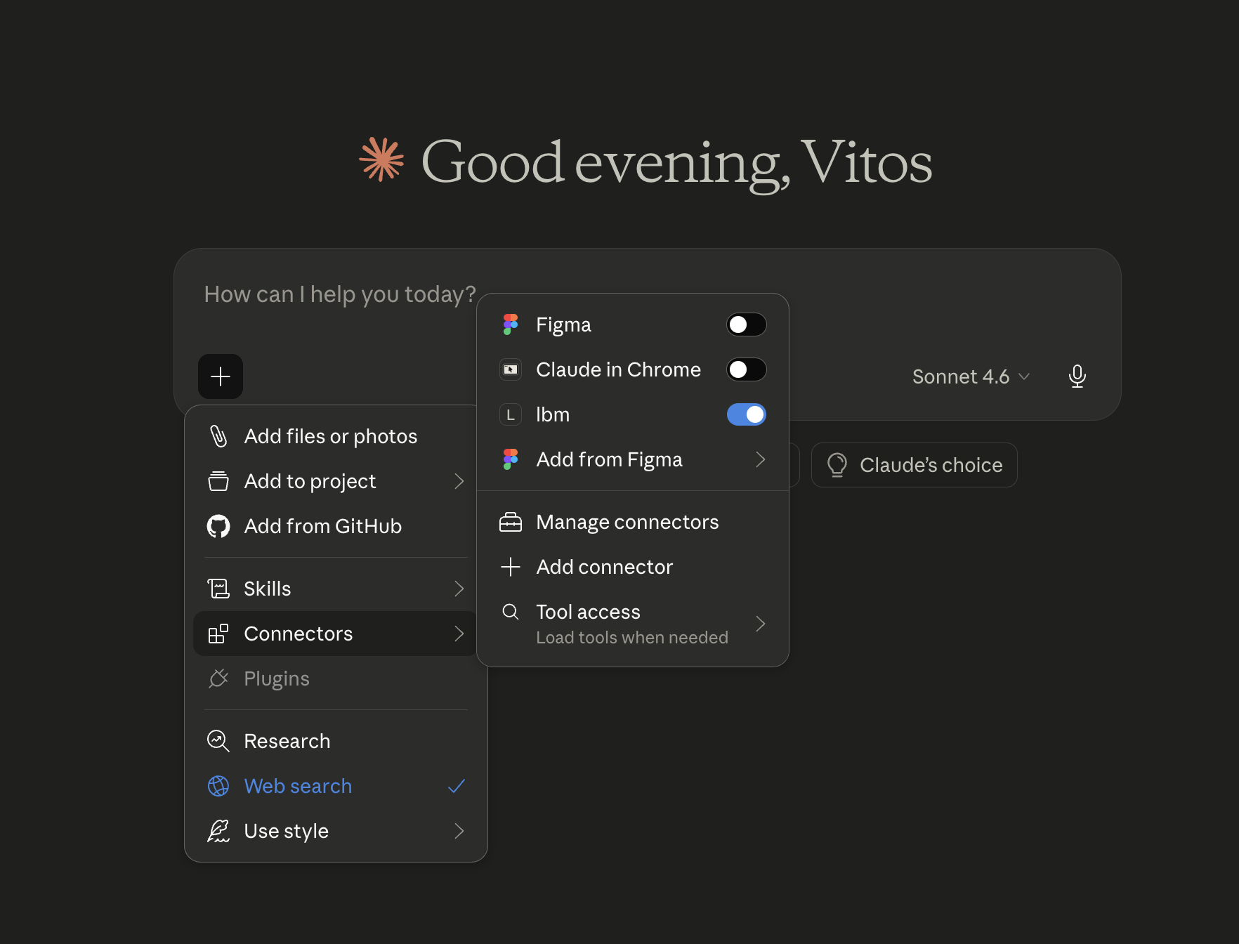Claude Desktop composer with the lbm connector toggled on in the Connectors popover