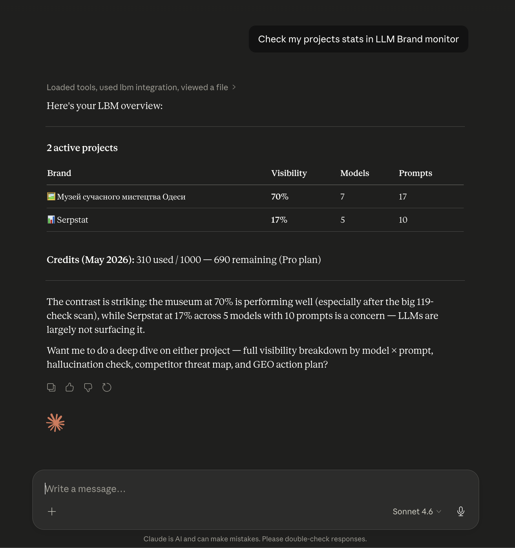 Claude Desktop example response: project stats table with visibility, models, prompts, and remaining credits