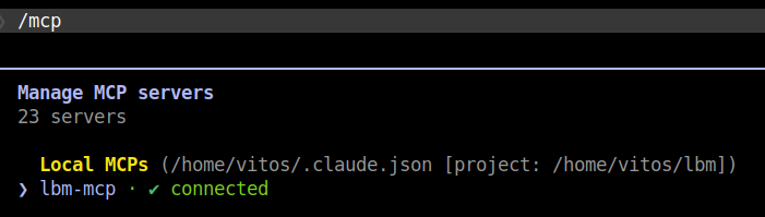 Claude Code /mcp output showing lbm-mcp as connected under Local MCPs