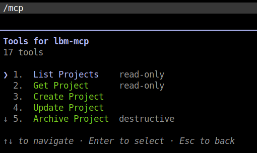 Claude Code tool list for lbm-mcp showing 17 tools with read-only and destructive labels