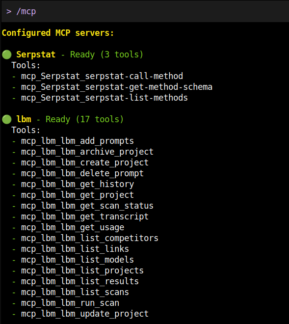 Gemini CLI /mcp output showing the lbm server as Ready with 17 tools