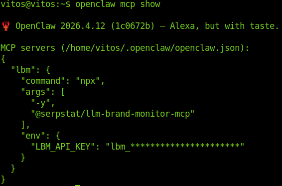 OpenClaw mcp show output printing the lbm server JSON with command, args, and masked LBM_API_KEY